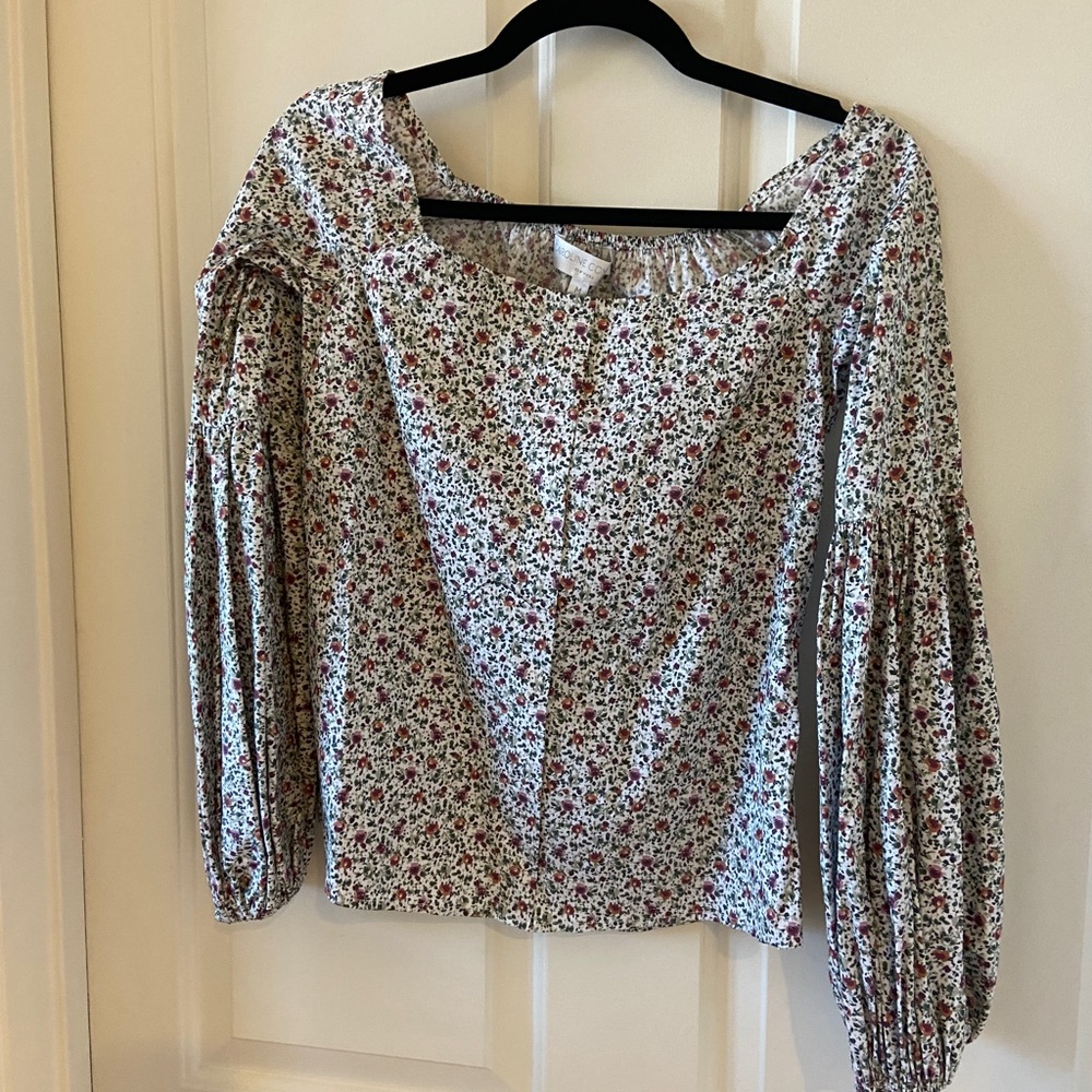 CAROLINE CONSTAS FLORAL COTTON OFF SHOULDER BALLOON SLEEVE TOP BLOUSE MEDIUM - Picture 3 of 4